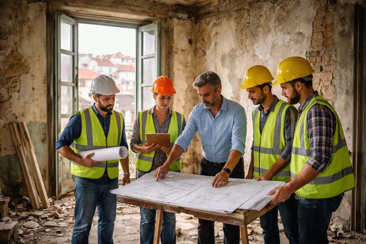 A team of construction workers and an architect reviewing plans inside a derelict Lisbon apartment, symbolizing the renovation opportunity.